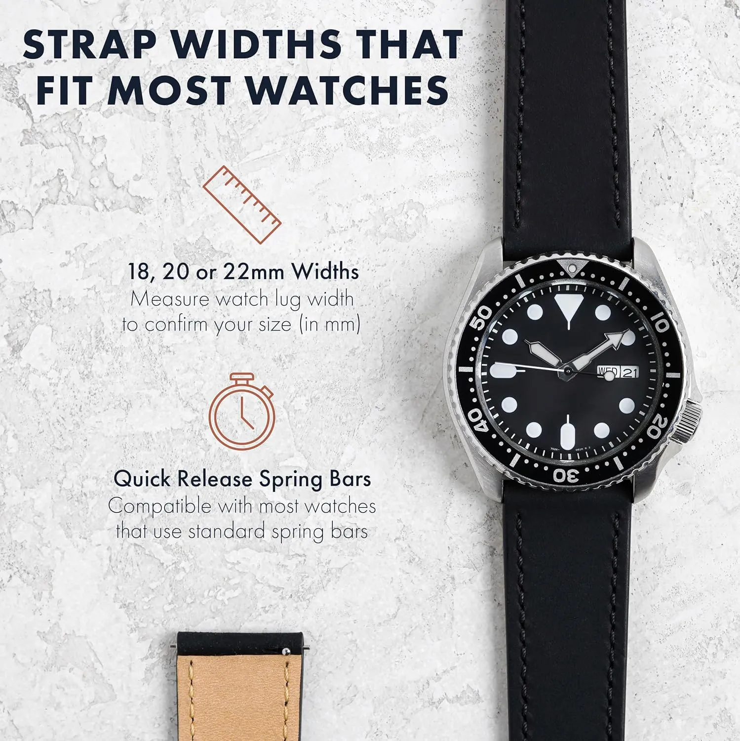 - 18mm, 20mm, or 22mm Widths Benchmark Leather Watch Band - landslip primeval Crazy Horse Leather Watch Straps for Men & Women - Stainless-Steel Buckle & Quick Release Spring Bars - Choice of Color 