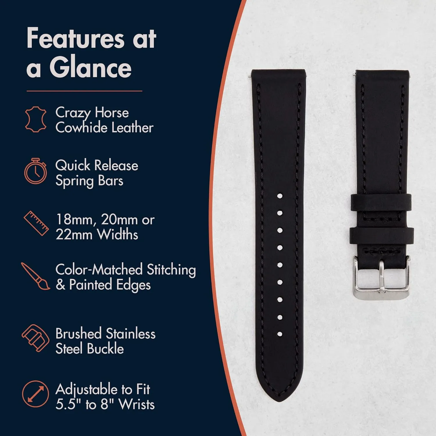 - 18mm, 20mm, or 22mm Widths Benchmark Leather Watch Band - landslip primeval Crazy Horse Leather Watch Straps for Men & Women - Stainless-Steel Buckle & Quick Release Spring Bars - Choice of Color 