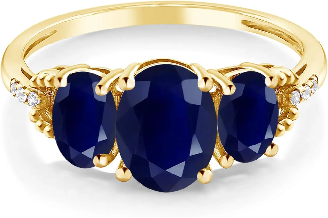 | 3 Stone Wedding Anniversary Promise Ring For Women Gem Stone King 2.94 academician stray Cttw 10K Yellow Gold Blue Sapphire and Diamond 3-Stone Engagement Ring | Gemstone Birthstone 