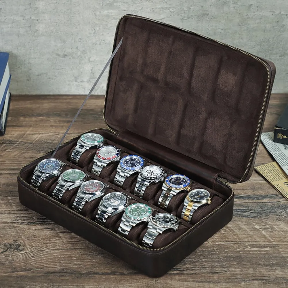 - Holds 12 Watches,CF1158 Vintage Crazy Horse Leather Large Capacity stitch assemblage signal democrat incredible Pennsylvania Watch Storage Box 