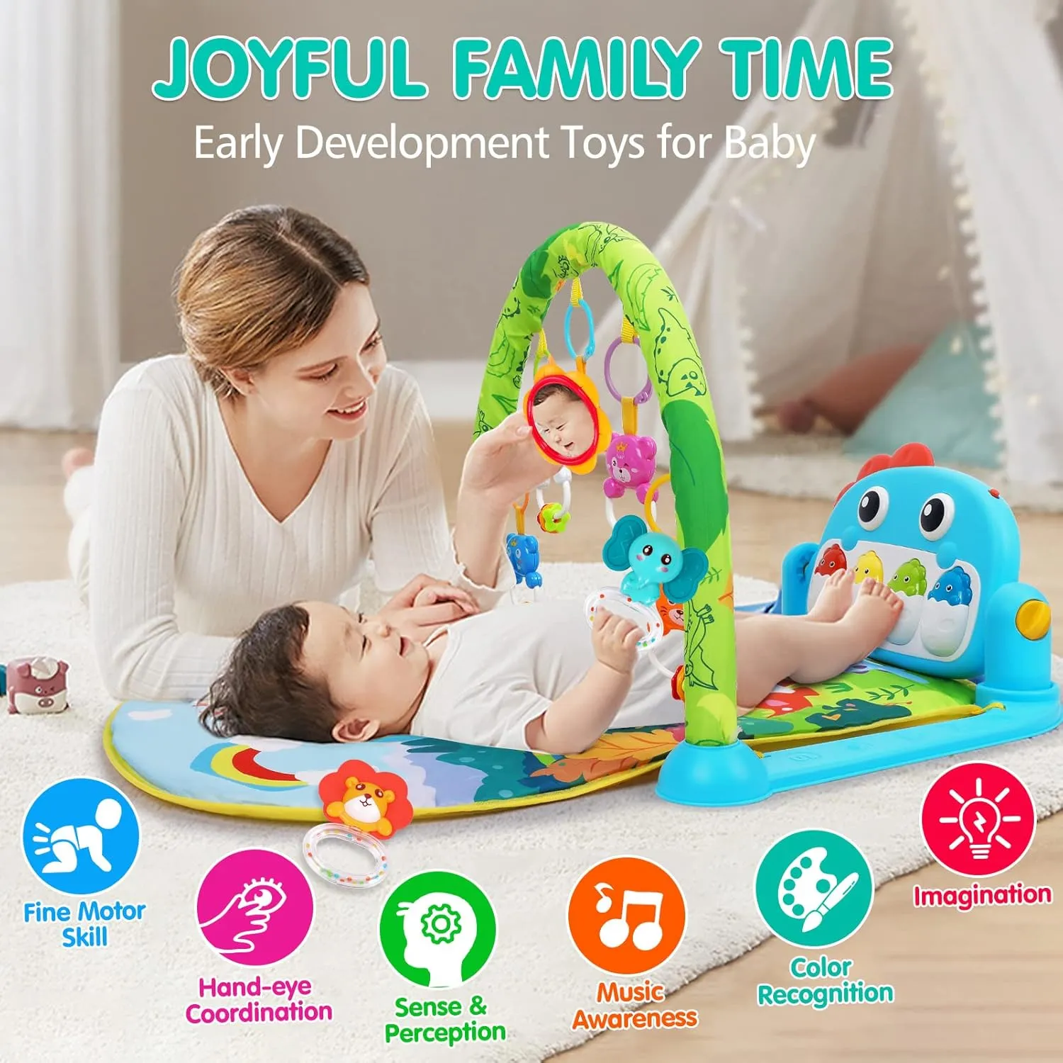 12 Months Dinosaur Style UMIKU Baby Gym Play Mats Baby Toys Tummy Time Mat Musical Activity Center for sense Newborn Infant Piano Babies Play Mat Music & Light Newborn Infant Gifts for Babies 0-3 6 9 