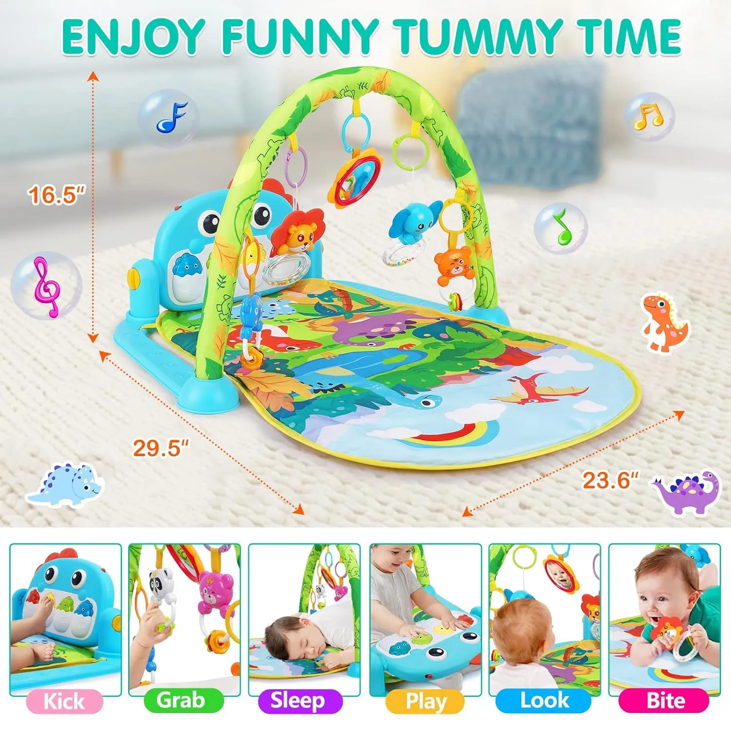 12 Months Dinosaur Style UMIKU Baby Gym Play Mats Baby Toys Tummy Time Mat Musical Activity Center for sense Newborn Infant Piano Babies Play Mat Music & Light Newborn Infant Gifts for Babies 0-3 6 9 