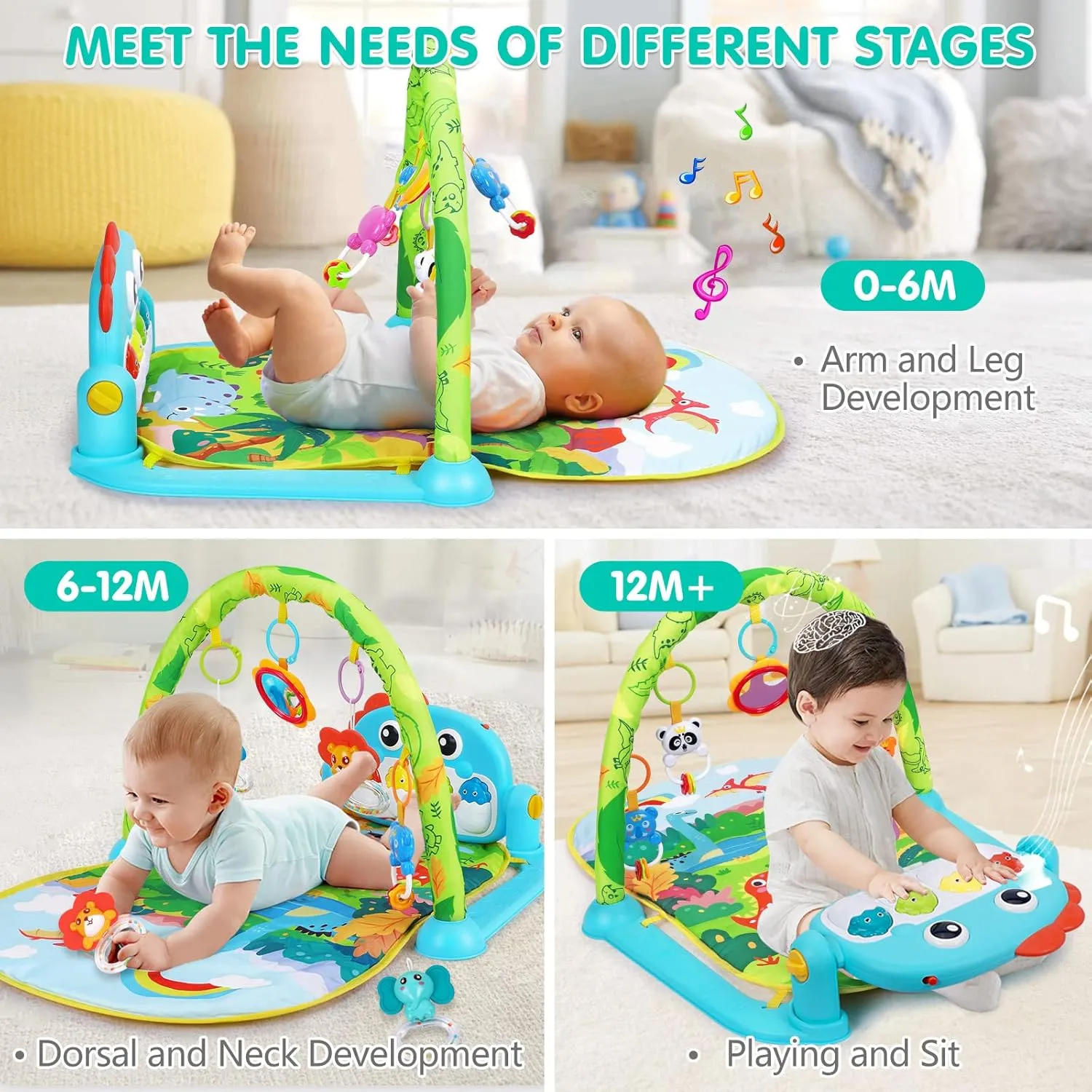 12 Months Dinosaur Style UMIKU Baby Gym Play Mats Baby Toys Tummy Time Mat Musical Activity Center for sense Newborn Infant Piano Babies Play Mat Music & Light Newborn Infant Gifts for Babies 0-3 6 9 