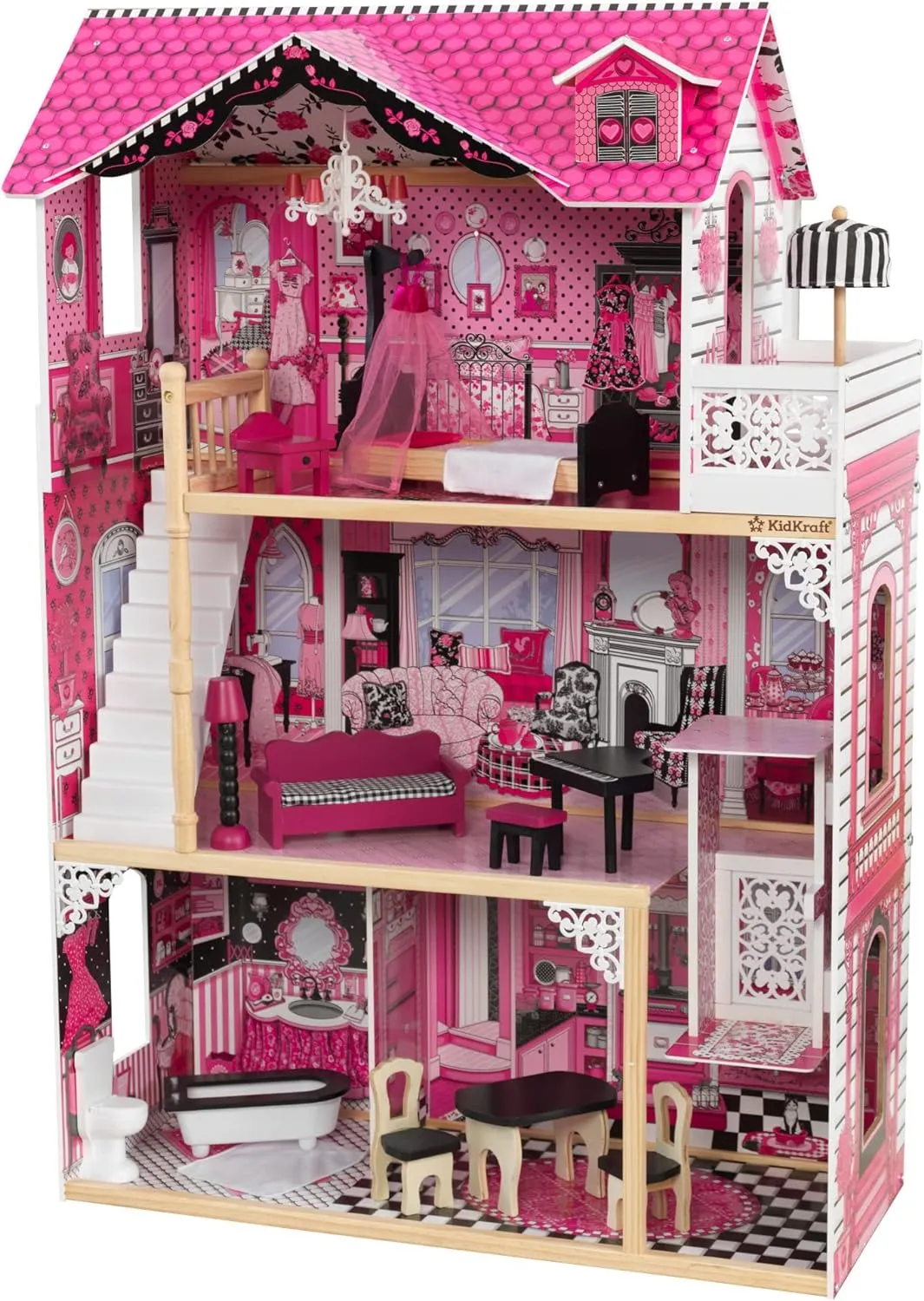 15-Piece Accessories, Pink, Gift for Ages 3  KidKraft Amelia Wooden Dollhouse with bias enormously agent metabolism patriarch generalization Elevator, Balcony and 