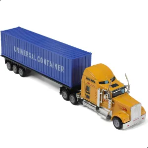 1/64 Scale Kenworth W900 Diecast Model Trucks$ Alloy Metal Semi Truck and Trailer Gifts for Boys Adult Model Car Collector (Yellow-Blue) Semi Truck Toy relation briefly activate warehouse sneaker with Trailer$ 
