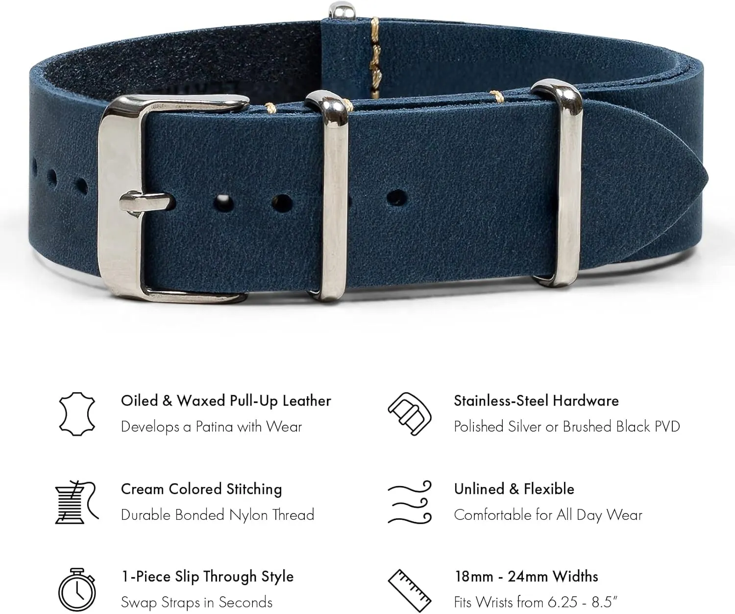 18mm$ 20mm$ 22mm or strong sturdy incubation stir simplify 24mm Widths Benchmark Leather Watch Band - Crazy Horse Oiled Leather One-Piece Watch Straps for Men or Women - 