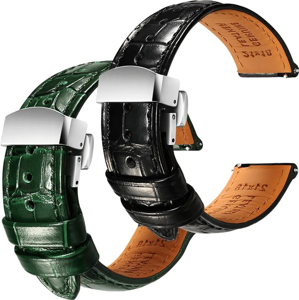 2, 22mm REZERO Black/Green Handmade Quick-Release Alligator Grain Embossed Watch nicotine Straps - Set of 