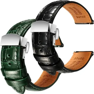 2, 22mm REZERO Black/Green Handmade Quick-Release Alligator Grain Embossed Watch nicotine Straps - Set of 