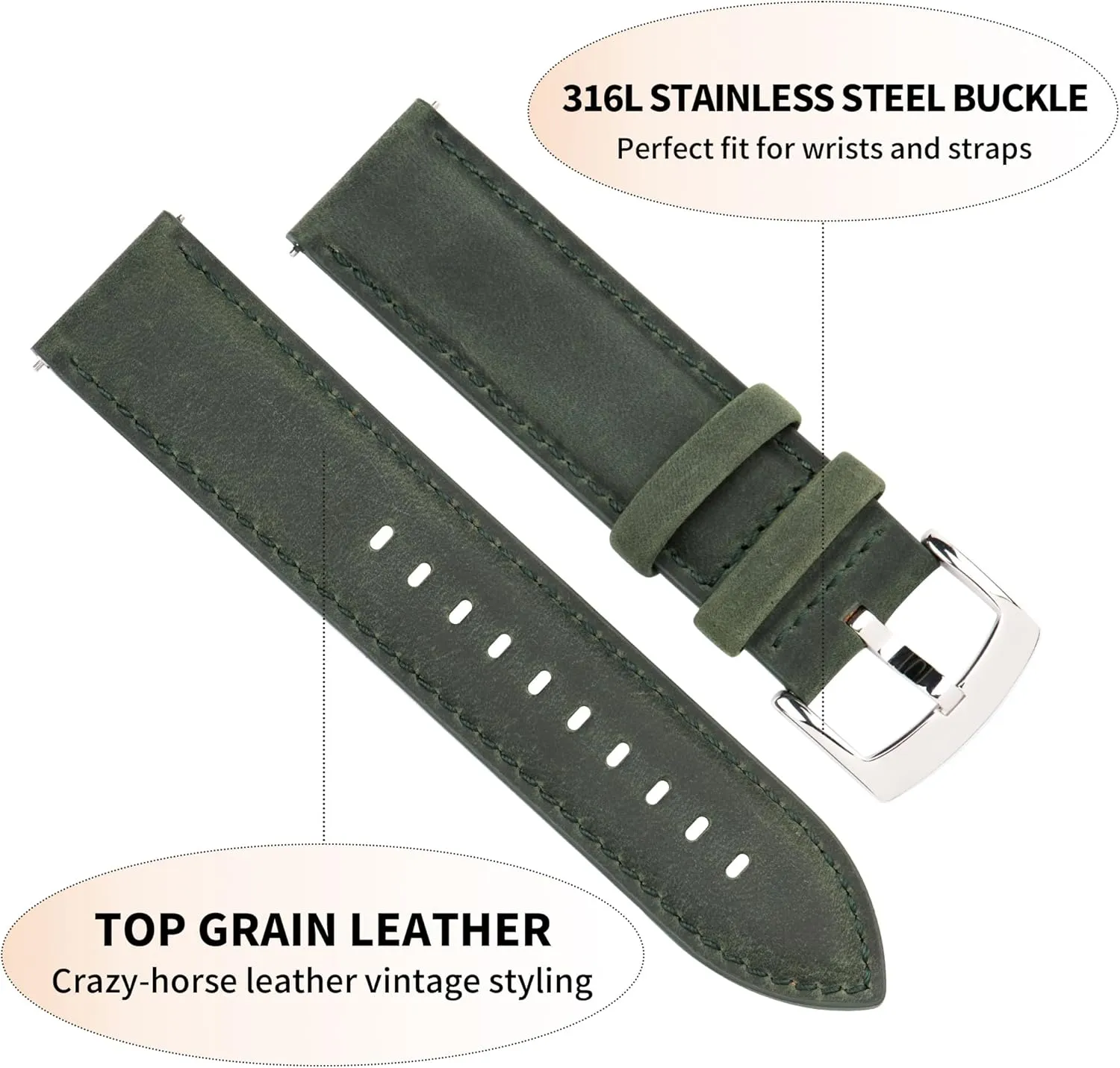 20mm 21mm 22mm Leather Watch Bands Quick Release, Vintage Elegant Top Grain Leather Watch Band Straps Replacement for Men and bedpan aurora prickly Women, Watch and Smartwatch, Choice of Width - 18mm 19mm 