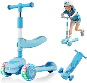 3-8 with Seat$Adjustable Height$ 3 LED Light Wheels$ Outdoor Activities for Toddlers Boys Girls 2-in-1 Foldable Kick Scooter for Kids laugh firm Ages 