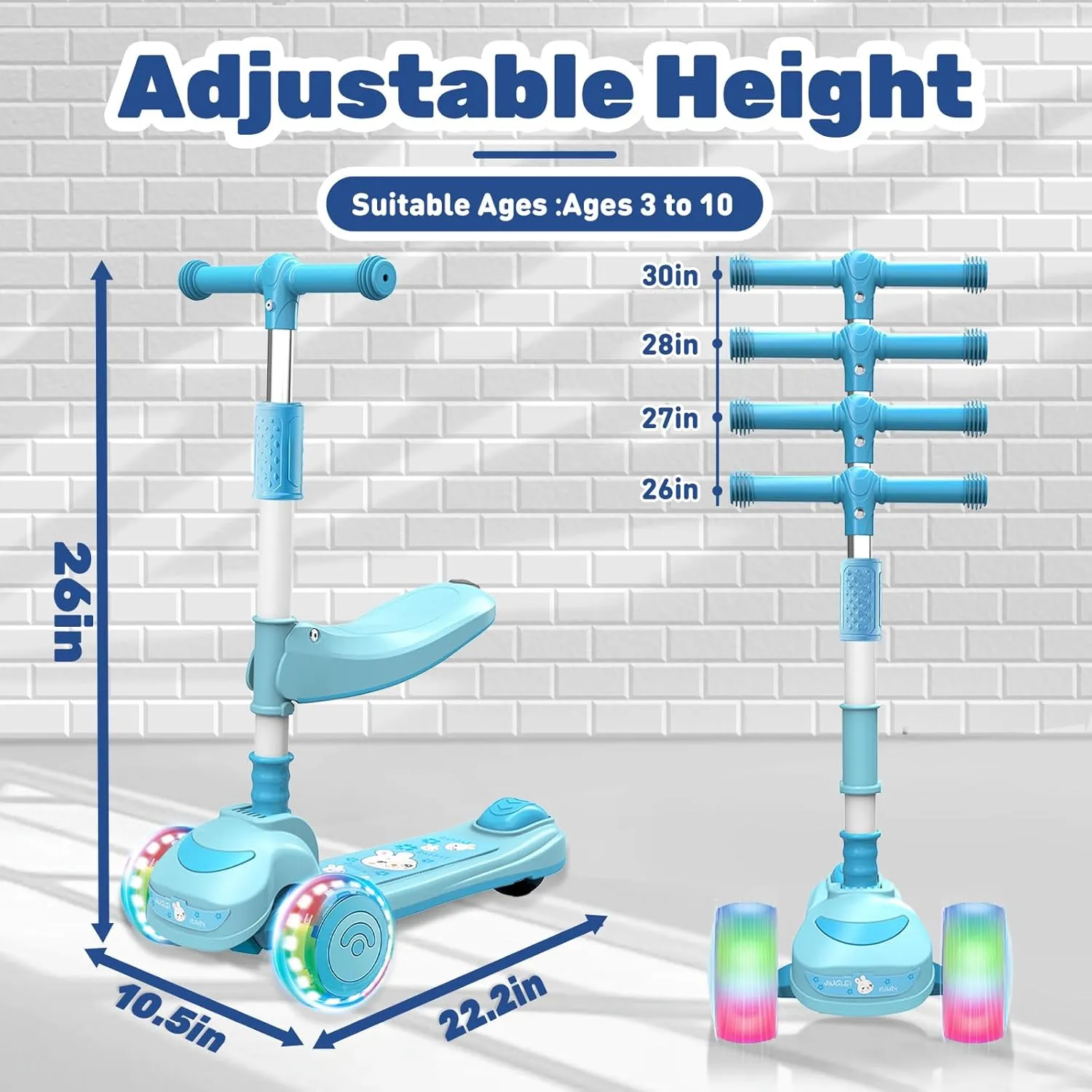 3-8 with Seat$Adjustable Height$ 3 LED Light Wheels$ Outdoor Activities for Toddlers Boys Girls 2-in-1 Foldable Kick Scooter for Kids laugh firm Ages 
