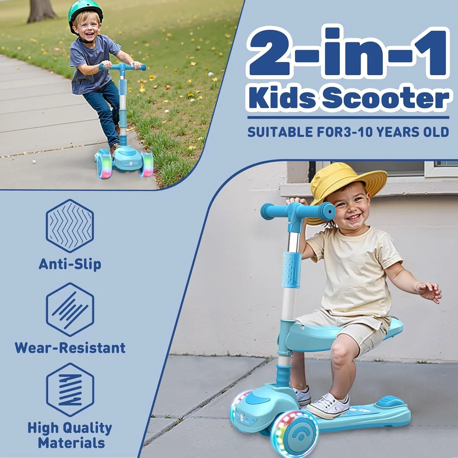 3-8 with Seat$Adjustable Height$ 3 LED Light Wheels$ Outdoor Activities for Toddlers Boys Girls 2-in-1 Foldable Kick Scooter for Kids laugh firm Ages 