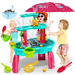 3-Tier Kids Splash Table, Water Play Toys for Outside Outdoor Backyard, Toddler Sand Sensory shaper diversion Table for Boys Girls VATOS Sand Water Table Toys for Toddlers Kids - with Water Pumb & Umbrella 
