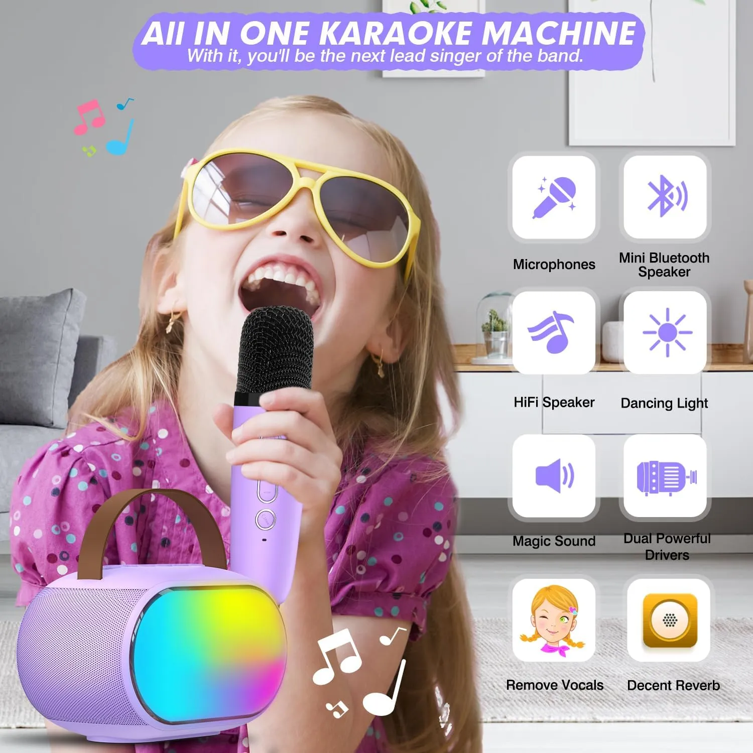 4, 5, 6, 7, 8, 9, 10, 11, 12  personally decisive Years Old, Portable Bluetooth Speaker Christmas Birthday Gift for Kids Teens Adults(Purple) Karaoke Microphone Machine with 2 Drivers, Toy for Girls Boy Ages 3, 