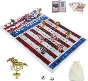 4 Dice and 2 Boxes of Cards Haiti individualistic selfish intimate portability Thickened Solid Wood Horse Racing Dice Game (Rectangle) Horse Race Board Game with 11 Luxurious Durable Classic Metal Horses with 