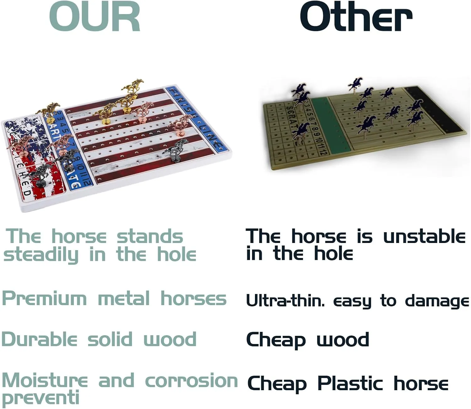 4 Dice and 2 Boxes of Cards Haiti individualistic selfish intimate portability Thickened Solid Wood Horse Racing Dice Game (Rectangle) Horse Race Board Game with 11 Luxurious Durable Classic Metal Horses with 
