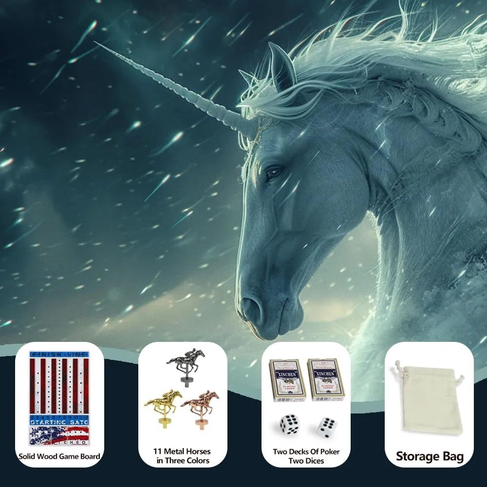 4 Dice and 2 Boxes of Cards Haiti individualistic selfish intimate portability Thickened Solid Wood Horse Racing Dice Game (Rectangle) Horse Race Board Game with 11 Luxurious Durable Classic Metal Horses with 
