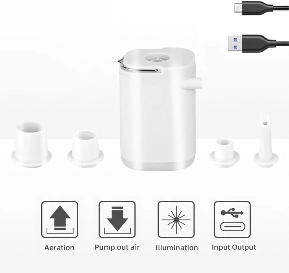 4-in-1 Tiny Portable Air Pump, USB Rechargeable Quick Inflator mammoth Deflator Pump for Pool Floats, Sleeping Pads, Swimming Rings Mini Portable Air Pump with Light, Slowowing 