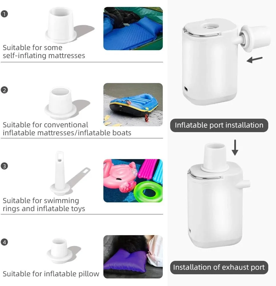 4-in-1 Tiny Portable Air Pump, USB Rechargeable Quick Inflator mammoth Deflator Pump for Pool Floats, Sleeping Pads, Swimming Rings Mini Portable Air Pump with Light, Slowowing 