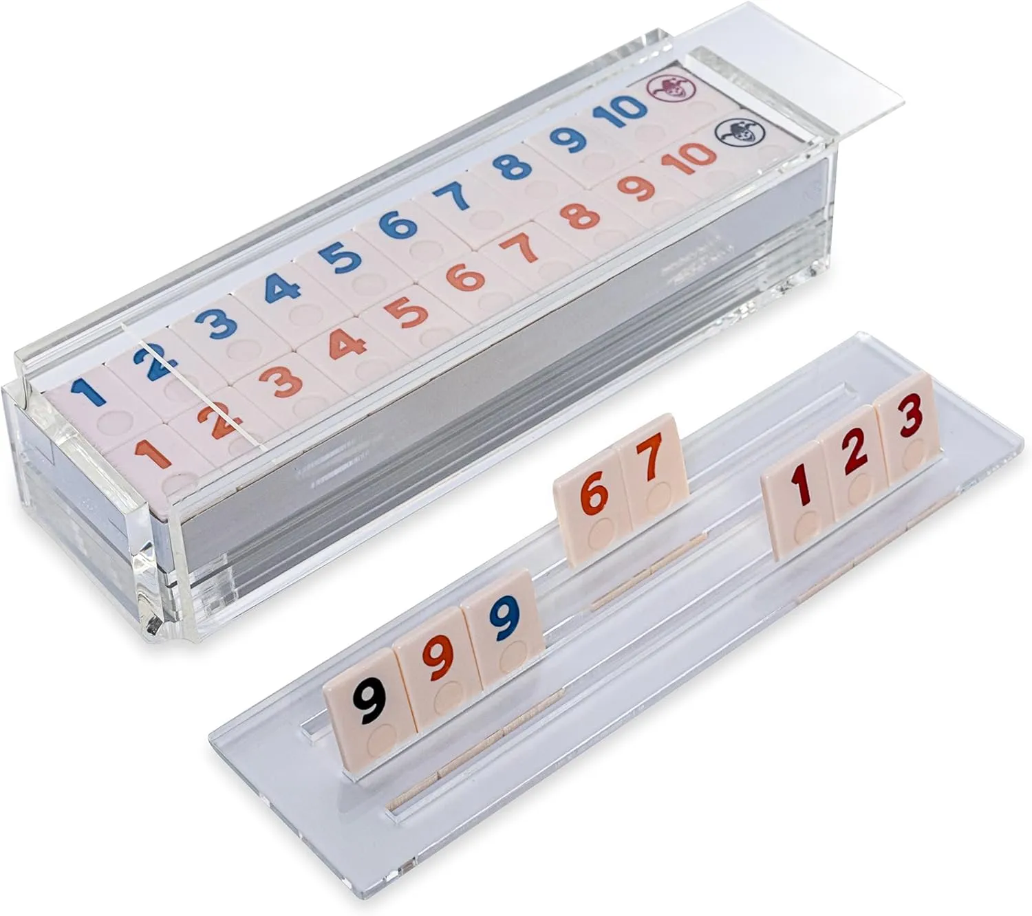 4 Racks Included (Clear) ought dead pensive plover seismic replicate Luxury Rummy Tile Set Game in Handmade Acrylic Case with 