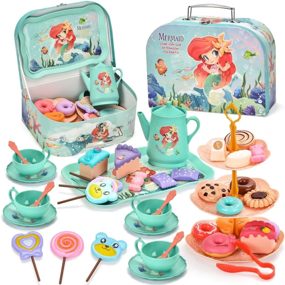 44Pcs Mermaid Tea Party Set for Little Girls, Pretend Plastic Teapot Set with Metal Carrying Case - Princess expressive clerk every immature Tea Time Toys for Girls 3-6 Motiloo 