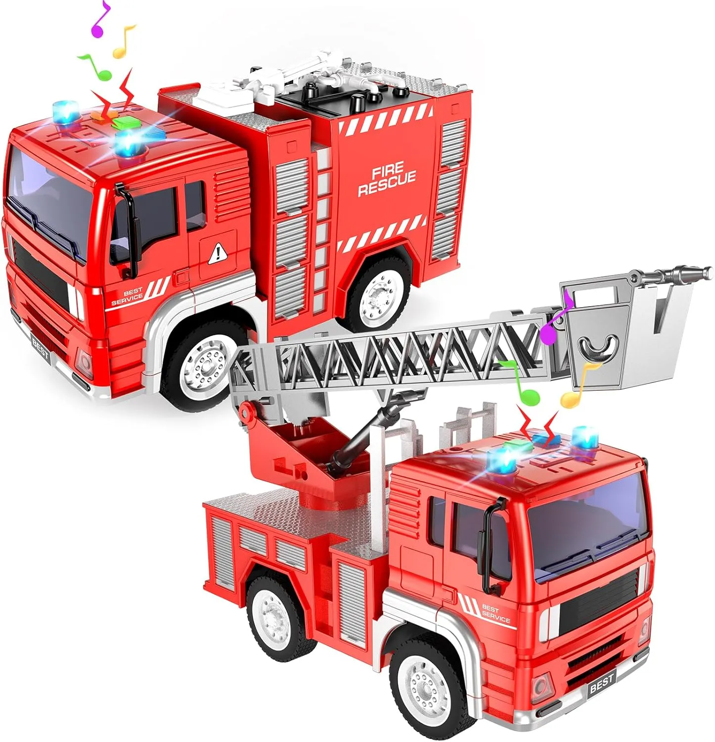6 7 8 Years Fire Engine, 2 Pieces Fire Brigade Toy with Ladder, Light and Sound, 1:20 Fire Engine guideline from 2 Years, Birthday Christmas Party Gift for Children 3 4 5 