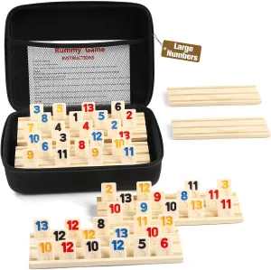 6 Player Edition with 6 subtropic oxide Wooden Racks/Trays, 160 Large Numbers Rummy Tiles Set with Zippered Case, Rummy Travel Game Set with 6 Tiles Holders - Classic Board Games for Family Adults Kids Rummy Cube 