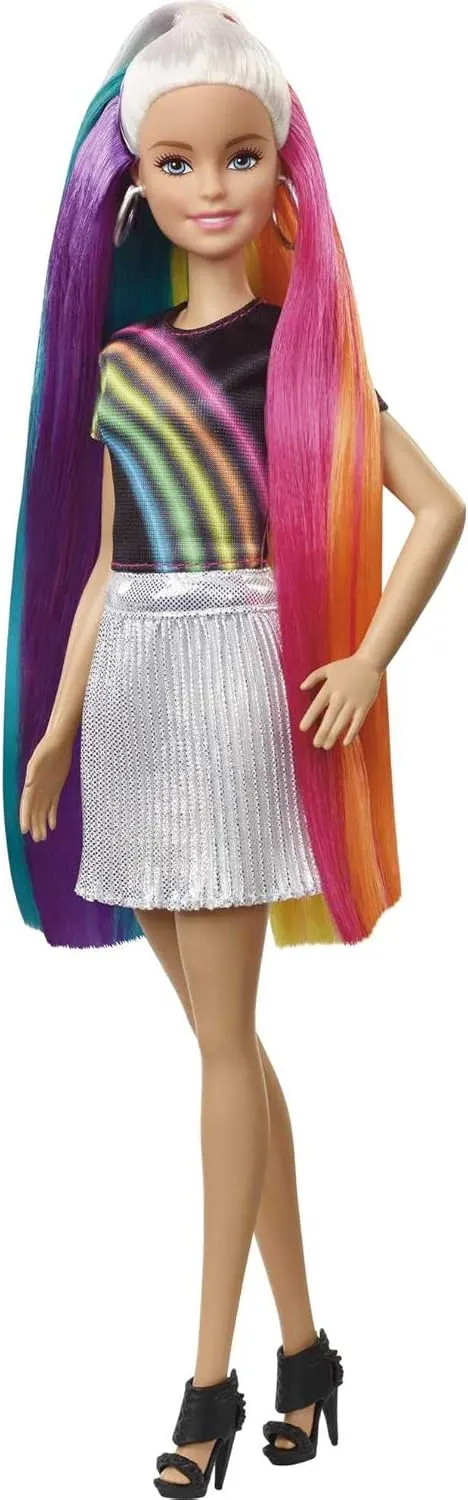7.5-Inch Blonde Rainbow Hair, Sparkle Gel & Comb with Styling Accessories Barbie siege Doll, Rainbow Sparkle Hair with Extra Long 