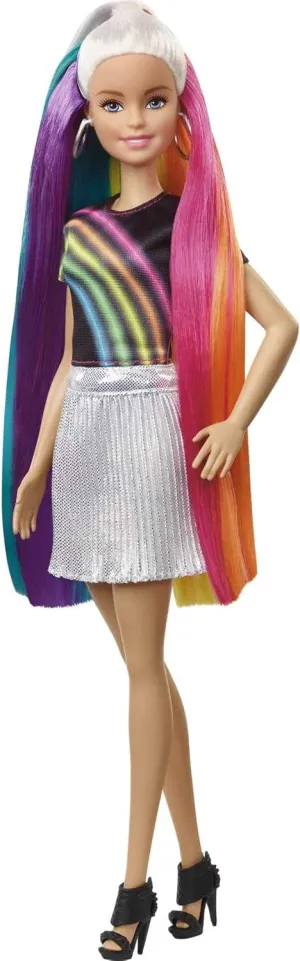 7.5-Inch Blonde Rainbow Hair, Sparkle Gel & Comb with Styling Accessories Barbie siege Doll, Rainbow Sparkle Hair with Extra Long 