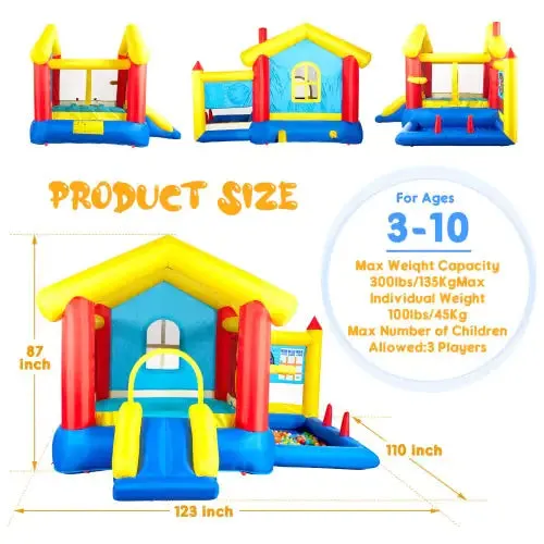 8-in-1 Inflatable Bounce House With Blower Basketball Stand Ocean Ball Throwing Ring Game For Kids