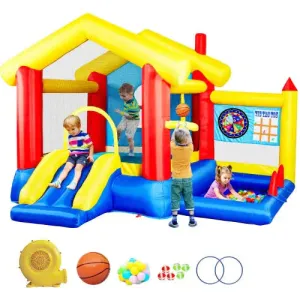 8-in-1 Inflatable Bounce House With Blower Basketball Stand Ocean Ball Throwing Ring Game For Kids