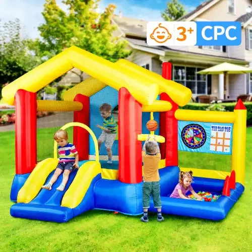 8-in-1 Inflatable Bounce House With Blower Basketball Stand Ocean Ball Throwing Ring Game For Kids