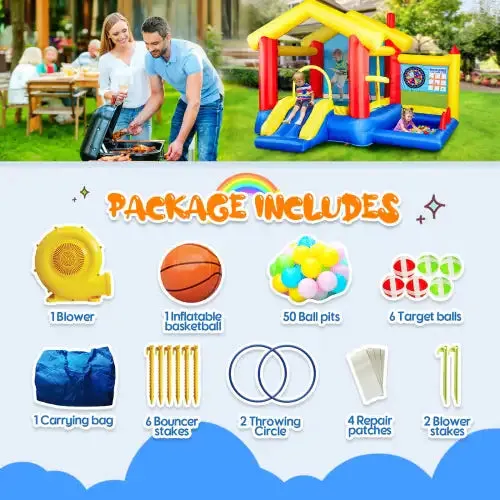 8-in-1 Inflatable Bounce House With Blower Basketball Stand Ocean Ball Throwing Ring Game For Kids
