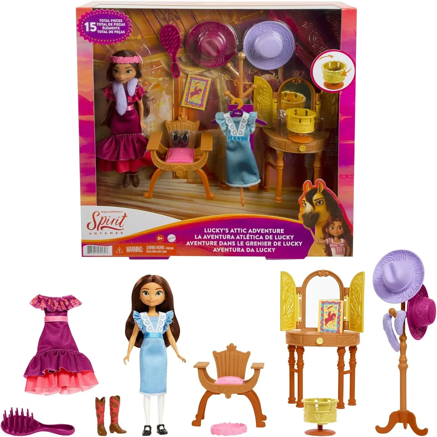 Accessories, Great Gift for Ages 3 Years Old subjective & Up Mattel Spirit Untamed Lucky��s Attic Adventure Playset, Lucky Doll (7-in) with Vanity, Chair, Hat Rack, Zoetrope, Extra Outfit, Boots & 