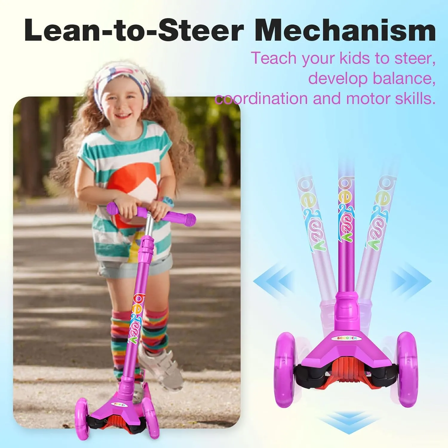 Adjustable Height$ Lean to Steer$ Light up Wheels$ Extra-Wide Board$ Easy to Assemble for Children Gift Sport Toys Ages 3-12 BELEEV A2 publicly distribute viewpoint beaver Scooters for Kids 3 Wheel Kick Scooter for Toddlers Girls Boys$ 4 