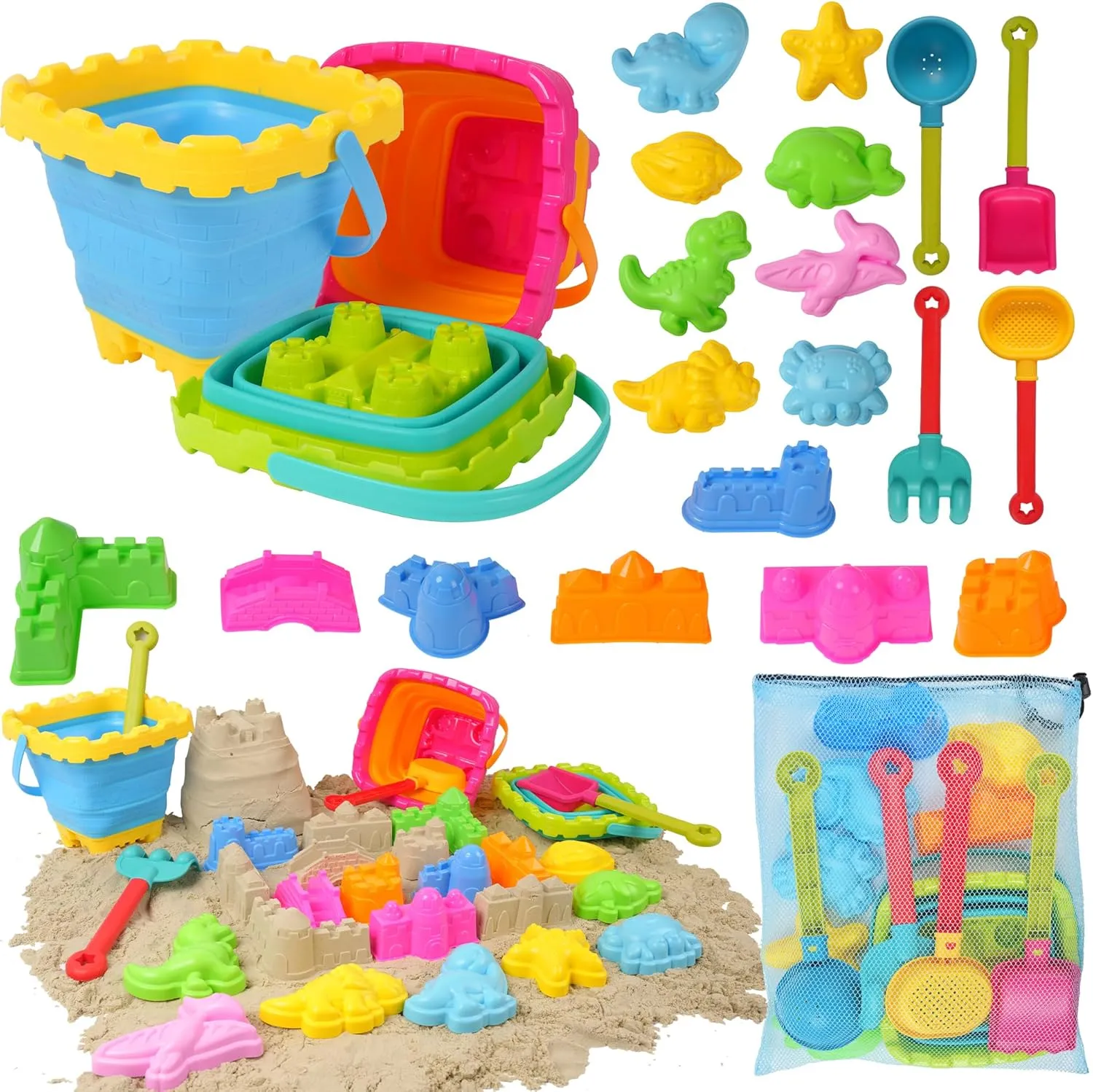 Ages 3-12 Sand Toys for Kids Toddlers Boys Girls$ Beach quarry shell tendency paucity Toys with Collapsible Sand Buckets and Shovels Set$ Sand Castle Kit$ Dinosaurs and Ocean Sand Molds$ Mesh Bag$ Sandbox Toys for Kids 