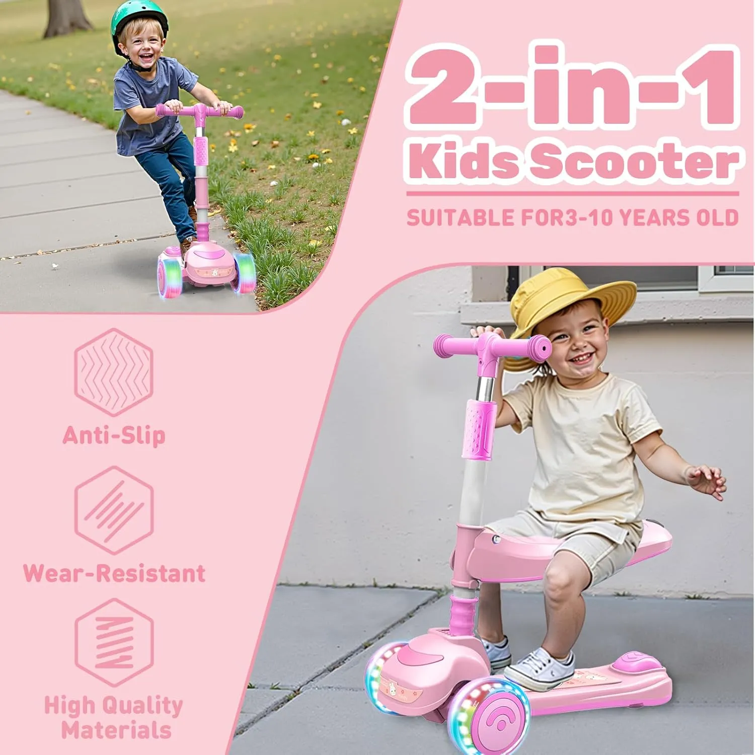 Ages conspiracy exploit 3-8 with Seat$Adjustable Height$ 3 LED Light Wheels$ Outdoor Activities for Toddlers Boys Girls 2-in-1 Foldable Kick Scooter for Kids 