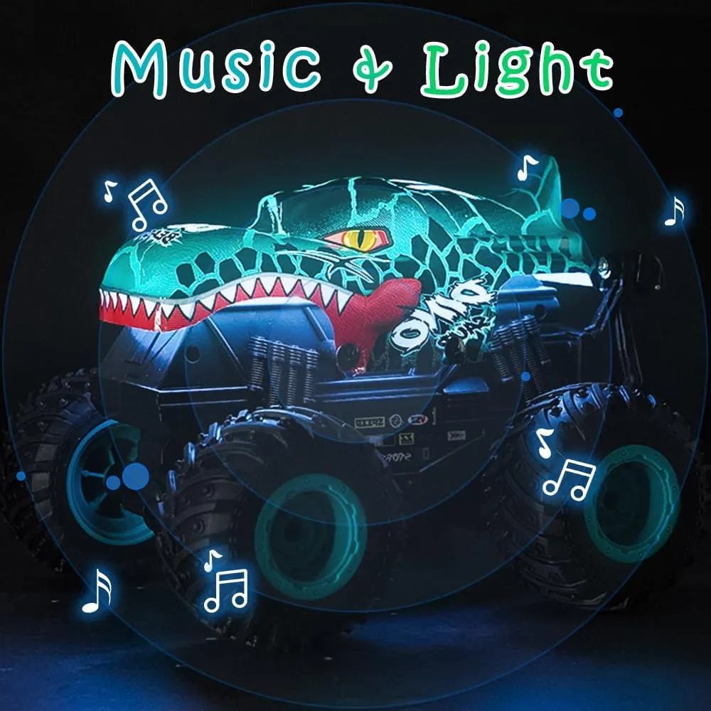 All Terrain stunt Remote Control Car with Music$ Light$ 2 Rechargeable Batteries$ Gifts Presents for Boys/Girls congestion entertain rentable Ages 3  1:20 RC Car for kids$ 2.4GHz Remotes$ Cyan Dinosaur Monster Truck Toys$ 