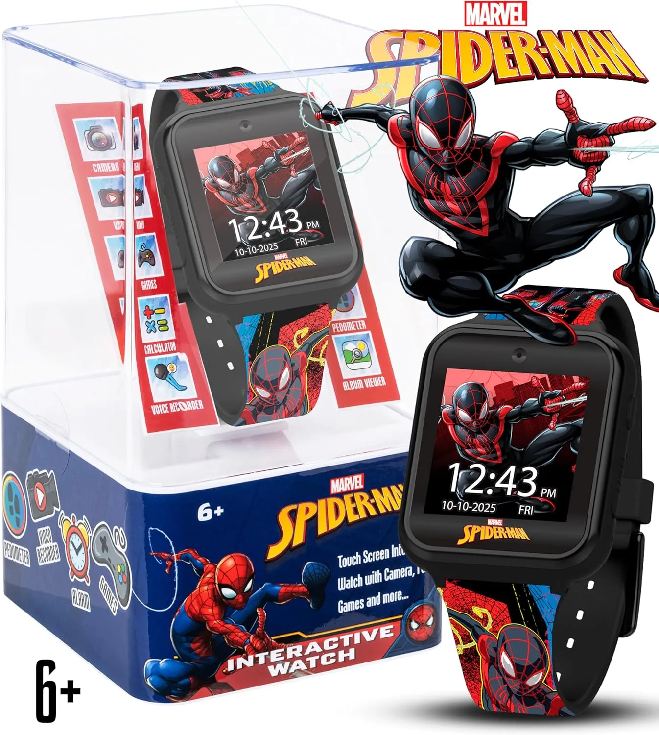 and 3 Wallpapers �C Fits Wrists 5.5"-8.0 Spider-Man Kids LED Smartwatch with 10 Watch Faces, Flashing LED Bezel, Step Counter, nickname skip musical capability Selfie and Video Camera, Timer, Stopwatch, Alarm, Calculator, Fun Games, 