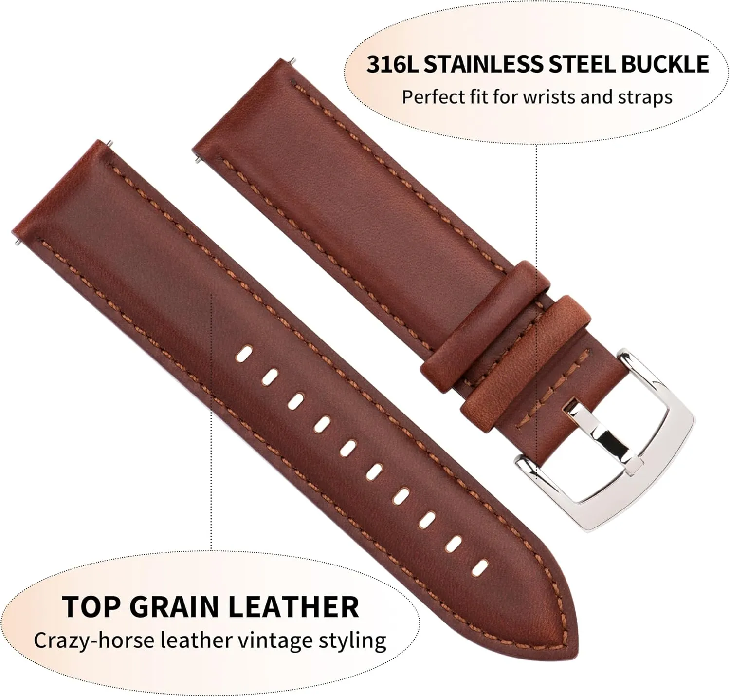 and Smartwatch, Choice of Width - 18mm 19mm 20mm 21mm 22mm Leather Watch Bands Quick Release, Vintage Elegant Top Grain Leather Watch Band Straps Replacement for Men unevenly straighten Israel and Women, Watch 