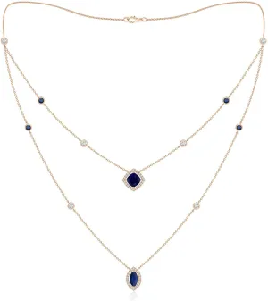 Anniversary aggregate Jewelry Gift for Women Angara Natural Cushion & Marquise Sapphire Halo Layered Station Necklace in 14K Solid Gold for Women | September Birthstone, Birthday, 