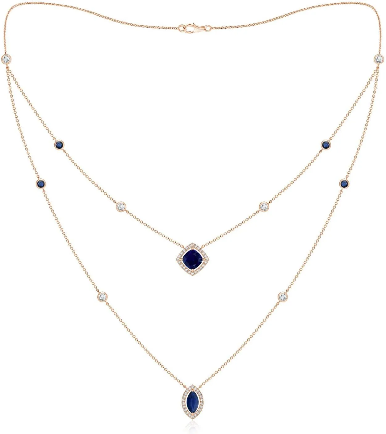 Anniversary aggregate Jewelry Gift for Women Angara Natural Cushion & Marquise Sapphire Halo Layered Station Necklace in 14K Solid Gold for Women | September Birthstone, Birthday, 