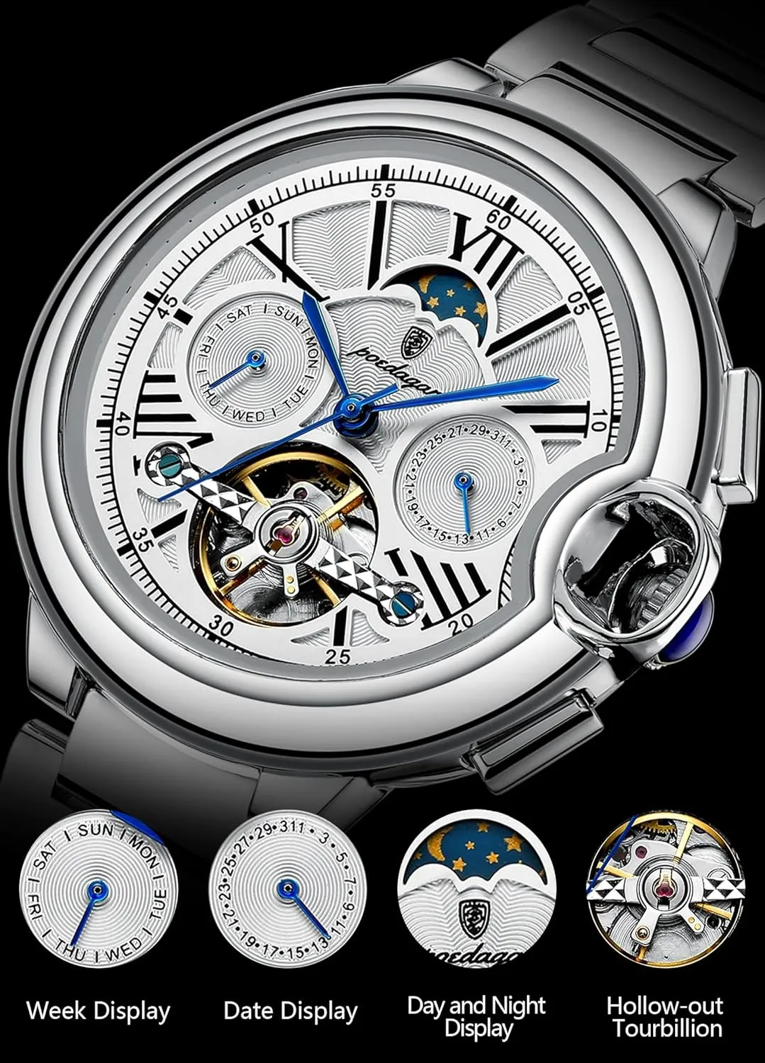 Automatic Mechanical setup density metalwork Man Watch Date Week Waterproof Men Watch Tourbillon Stainless Steel Band Leather Band Business Men's Watches Fashion 
