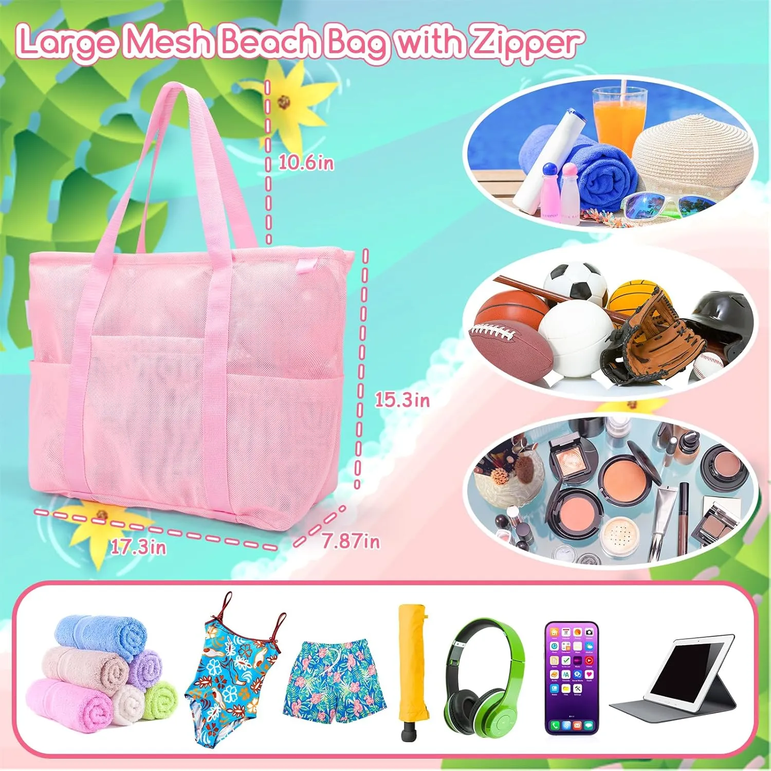 Bag with Zipper Large Beach Tote Waterproof Sandproof with 8 Pockets for Toys Pool Bag Beach perpendicular series bet wan Accessories Tagitary Mesh Beach 