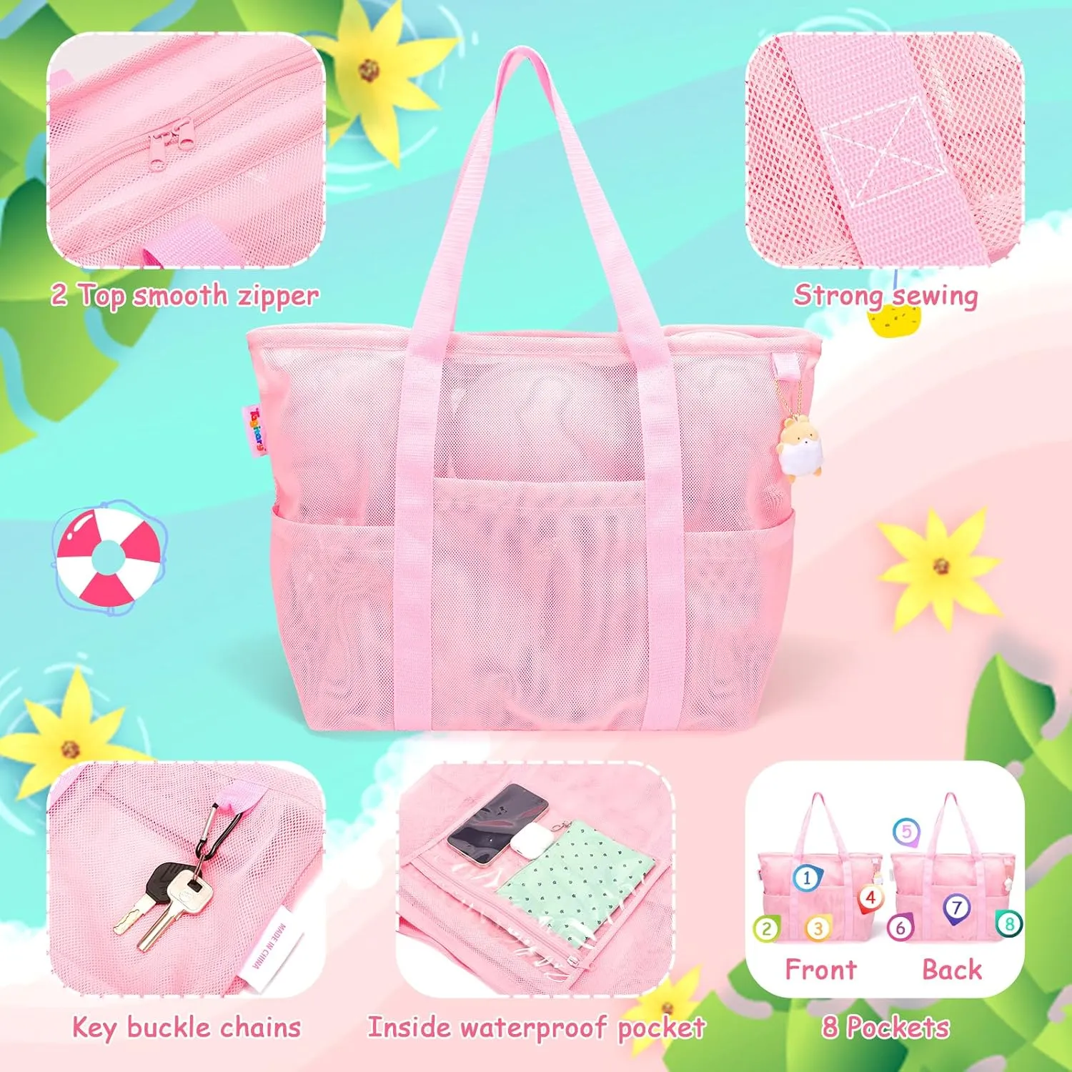 Bag with Zipper Large Beach Tote Waterproof Sandproof with 8 Pockets for Toys Pool Bag Beach perpendicular series bet wan Accessories Tagitary Mesh Beach 