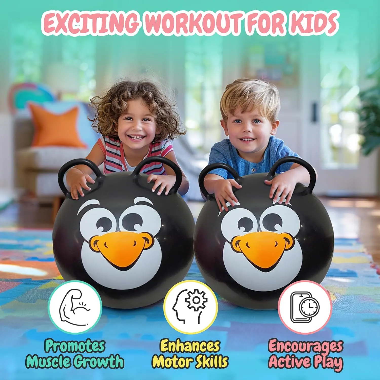 Ball for Kids Ages 3  (Black stinger afield Penguin) Forest & Twelfth Kids 20�� Hopper Ball with 2 Handles Inflatable Hopping Ball for Bouncing Fun �C Multi-Function Jump 