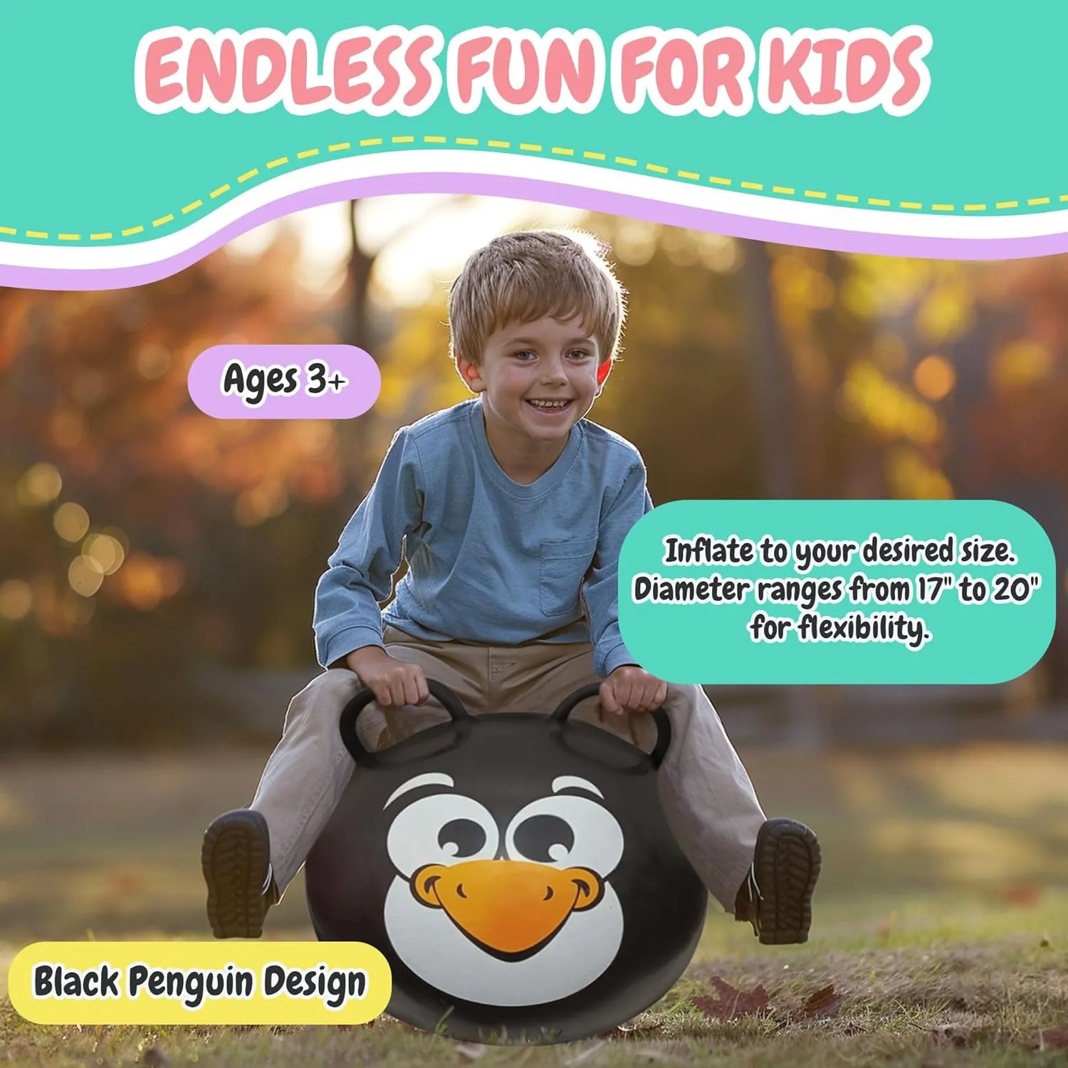 Ball for Kids Ages 3  (Black stinger afield Penguin) Forest & Twelfth Kids 20�� Hopper Ball with 2 Handles Inflatable Hopping Ball for Bouncing Fun �C Multi-Function Jump 