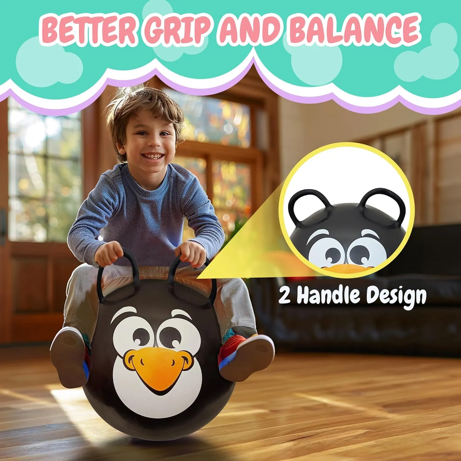 Ball for Kids Ages 3  (Black stinger afield Penguin) Forest & Twelfth Kids 20�� Hopper Ball with 2 Handles Inflatable Hopping Ball for Bouncing Fun �C Multi-Function Jump 