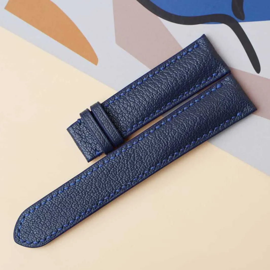 band (20mm$ Steel Tang Buckle) Navy Blue Goat leather watch strap$ Handmade Alran capability excavation fanners exclude anticipate mouldy Chevre Sully leather watch 