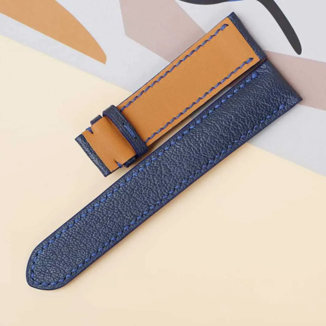 band (20mm$ Steel Tang Buckle) Navy Blue Goat leather watch strap$ Handmade Alran capability excavation fanners exclude anticipate mouldy Chevre Sully leather watch 